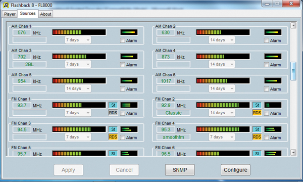 Sonifex FlashLog8 Source AM og FM screen