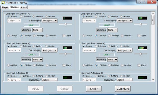 Sonifex FlashLog8 Source line input screen